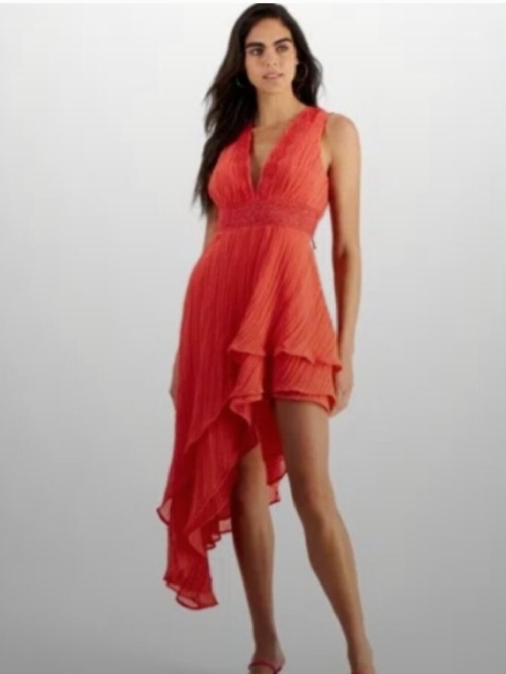 NWT Guess- Coral-Red High-Low Pleated V-Neck Dress